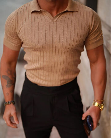 Erkek Fitilli Polo Yaka Triko T-Shirt