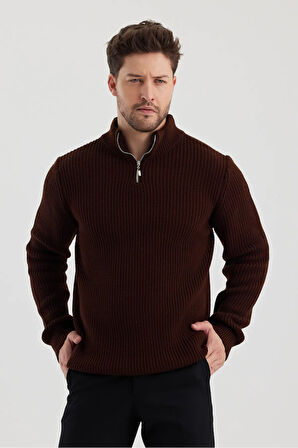 Erkek Oversize Fermuarlı Balıkçı Triko Kazak