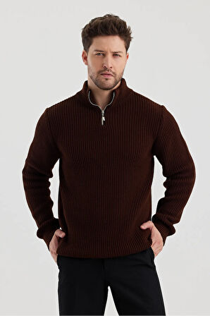 Erkek Oversize Fermuarlı Balıkçı Triko Kazak