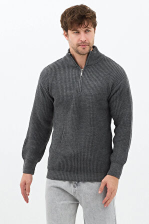 Füme Erkek Oversize Fermuarlı Balıkçı Triko Kazak