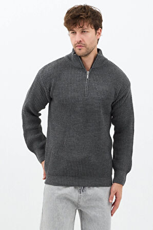 Füme Erkek Oversize Fermuarlı Balıkçı Triko Kazak