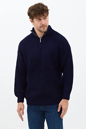 Lacivert Erkek Oversize Fermuarlı Balıkçı Triko Kazak