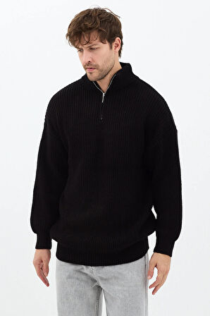 Siyah Erkek Oversize Fermuarlı Balıkçı Triko Kazak