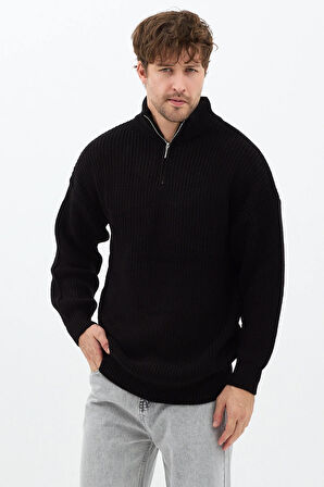 Siyah Erkek Oversize Fermuarlı Balıkçı Triko Kazak