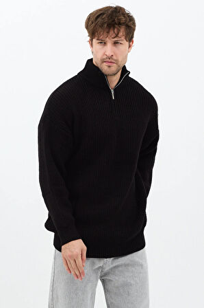 Siyah Erkek Oversize Fermuarlı Balıkçı Triko Kazak