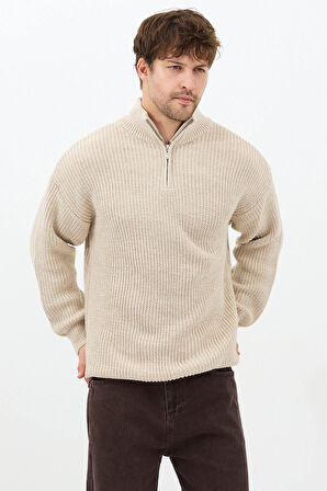 Bej Erkek Oversize Fermuarlı Balıkçı Triko Kazak