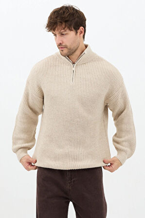 Bej Erkek Oversize Fermuarlı Balıkçı Triko Kazak