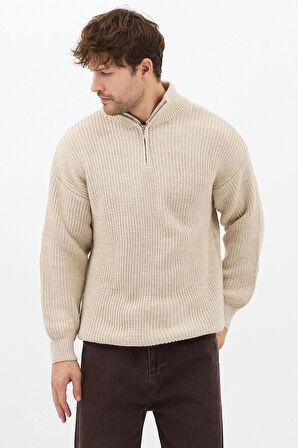 Bej Erkek Oversize Fermuarlı Balıkçı Triko Kazak