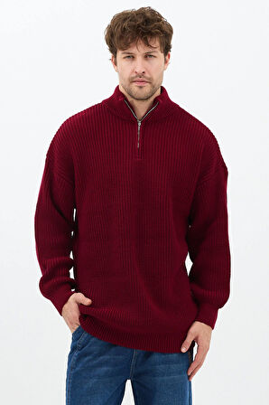 Bordo Erkek Oversize Fermuarlı Balıkçı Triko Kazak