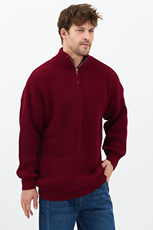 Bordo Erkek Oversize Fermuarlı Balıkçı Triko Kazak