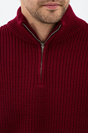 Bordo Erkek Oversize Fermuarlı Balıkçı Triko Kazak