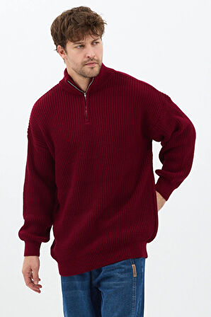 Bordo Erkek Oversize Fermuarlı Balıkçı Triko Kazak