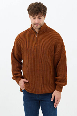 Hardal Erkek Oversize Fermuarlı Balıkçı Triko Kazak