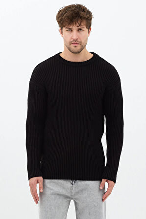 Erkek Siyah Fitilli Örme Regular Triko Kazak