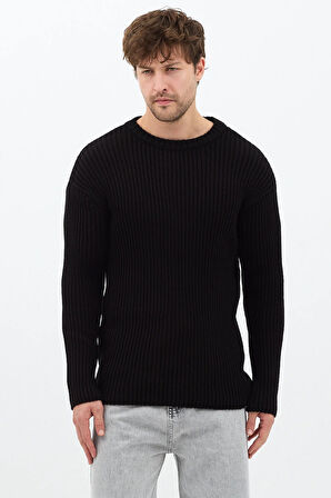 Erkek Siyah Fitilli Örme Regular Triko Kazak