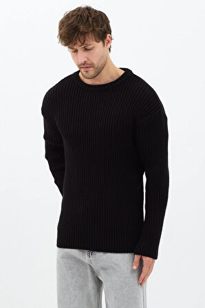 Erkek Siyah Fitilli Örme Regular Triko Kazak