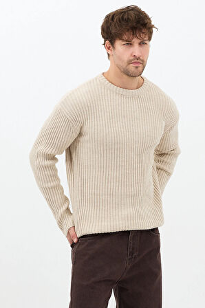 Erkek Bej Fitilli Örme Regular Triko Kazak