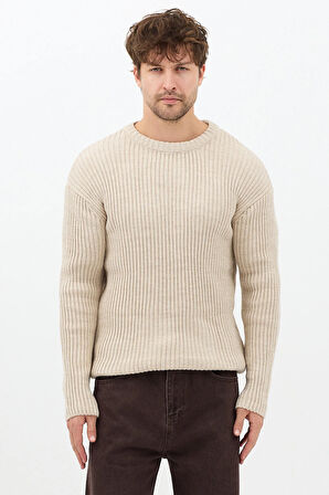 Erkek Bej Fitilli Örme Regular Triko Kazak