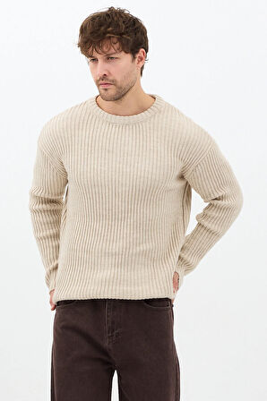 Erkek Bej Fitilli Örme Regular Triko Kazak