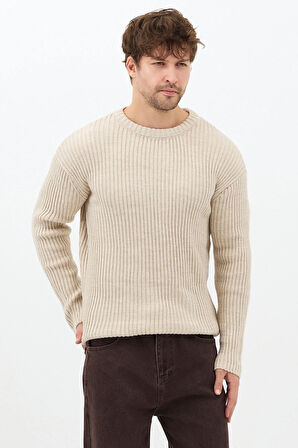 Erkek Bej Fitilli Örme Regular Triko Kazak