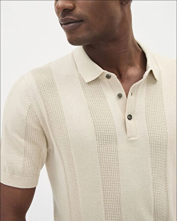 Erkek Dikine Şeritli 3 Düğme Polo Yaka Kısa Kol Triko