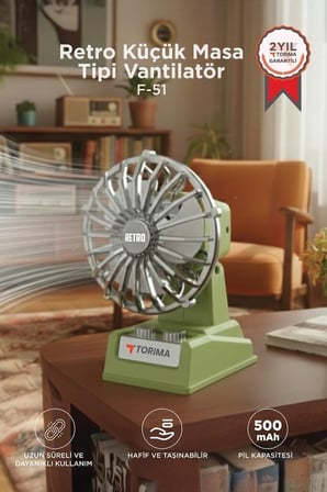 Özel Üretim Mini Çalışma Kullanışlı Şarjlı Masaüstü Vantilatör Retro F51 Yeşil