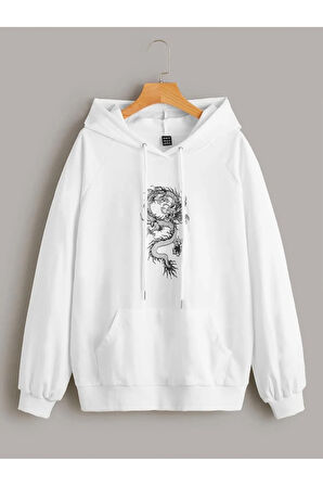 Kadın Beyaz Kapüşonlu Oversize Önü Ejder Baskılı Hoodie Sweatshirt