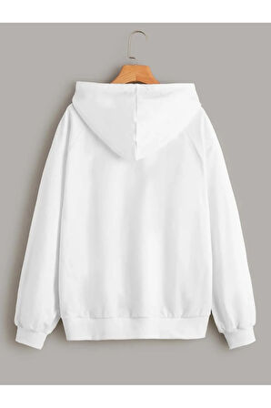 Kadın Beyaz Kapüşonlu Oversize Önü Ejder Baskılı Hoodie Sweatshirt