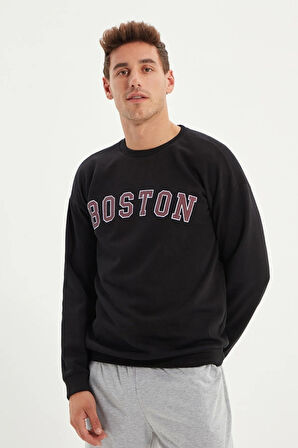 Siyah Erkek Boston Baskılı Uzun Kollu Bisiklet Yaka Baskılı Sweatshirt