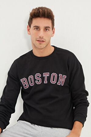 Siyah Erkek Boston Baskılı Uzun Kollu Bisiklet Yaka Baskılı Sweatshirt