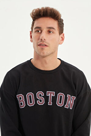 Siyah Erkek Boston Baskılı Uzun Kollu Bisiklet Yaka Baskılı Sweatshirt