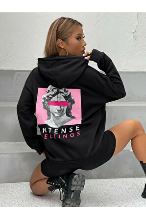 Kadın Siyah Intense Baskılı Kapüşonlu Oversize Sweatshirt Hoddie
