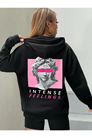 Kadın Siyah Intense Baskılı Kapüşonlu Oversize Sweatshirt Hoddie