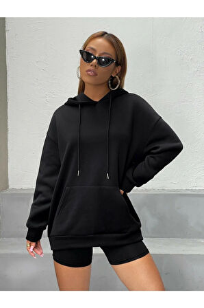 Kadın Siyah Intense Baskılı Kapüşonlu Oversize Sweatshirt Hoddie
