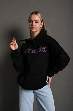 Kadın Siyah Önü Dragon Yazılı Sırt Dragon Baskılı Kapüşonlu Oversize Sweatshirt