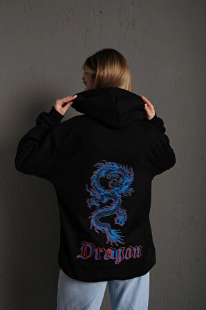 Kadın Siyah Önü Dragon Yazılı Sırt Dragon Baskılı Kapüşonlu Oversize Sweatshirt