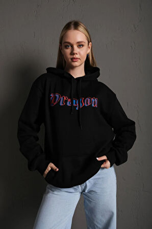 Kadın Siyah Önü Dragon Yazılı Sırt Dragon Baskılı Kapüşonlu Oversize Sweatshirt
