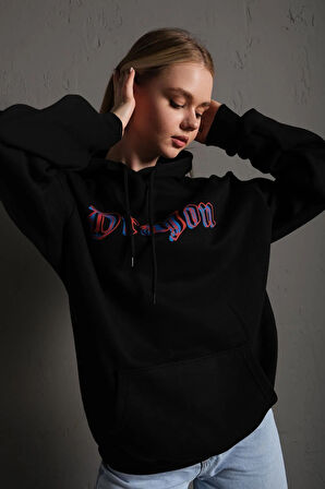 Kadın Siyah Önü Dragon Yazılı Sırt Dragon Baskılı Kapüşonlu Oversize Sweatshirt