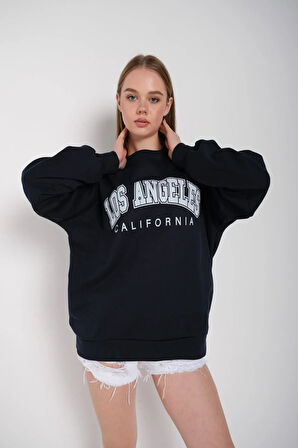 Kadın Lacivert Oversize Los Angeles Baskılı Sweatshirt