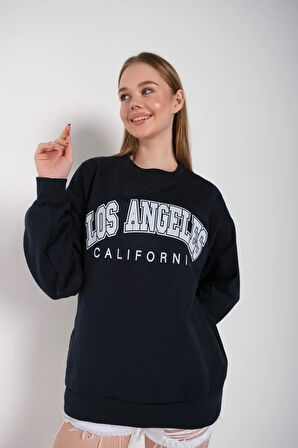 Kadın Lacivert Oversize Los Angeles Baskılı Sweatshirt