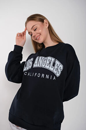 Kadın Lacivert Oversize Los Angeles Baskılı Sweatshirt