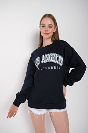 Kadın Lacivert Oversize Los Angeles Baskılı Sweatshirt