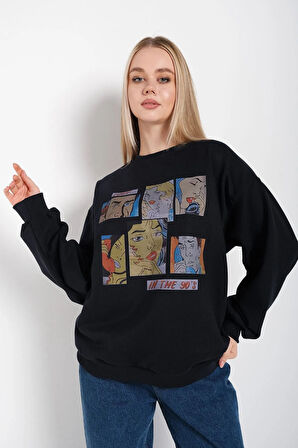 Kadın Siyah Oversize In The 90’s Baskılı Sweatshirt