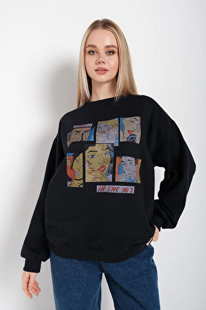 Kadın Siyah Oversize In The 90’s Baskılı Sweatshirt