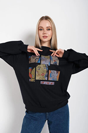 Kadın Siyah Oversize In The 90’s Baskılı Sweatshirt