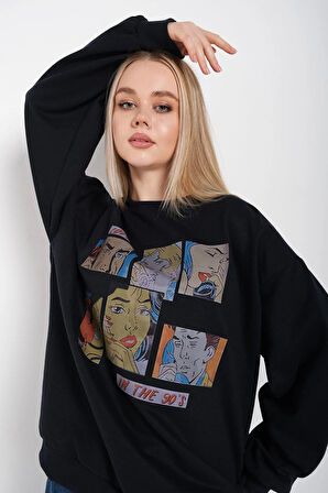 Kadın Siyah Oversize In The 90’s Baskılı Sweatshirt