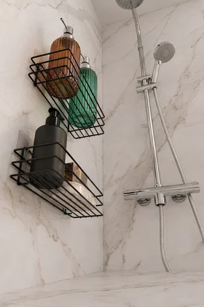2'li Siyah Yapışkanlı Banyo Rafı, Duş Şampuanlık, Paslanmaz Metal Duvar Rafı (Vidala veya Yapıştır) 