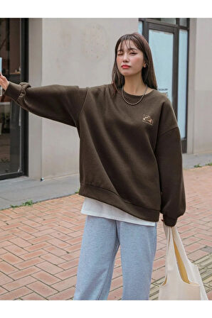 Kadın Kahverengi Arid Mountain Baskılı Oversize Sweatshirt