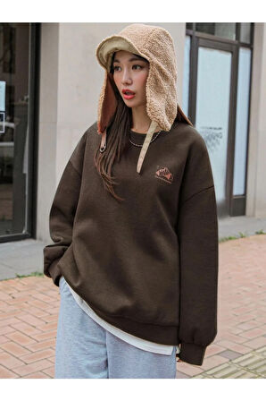 Kadın Kahverengi Arid Mountain Baskılı Oversize Sweatshirt