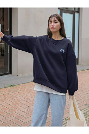 Kadın Lacivert Arid Mountain Baskılı Oversize Sweatshirt